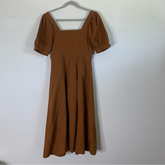 Madewell womens puff sleeve midi dress warm coffee brown linen blend 4 NEW - Picture 6 of 10